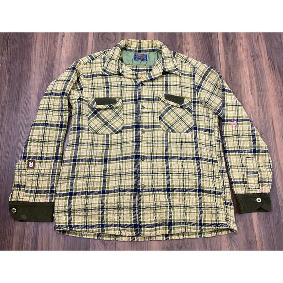 VTG 60s Pendleton Board Shirt USA loop collar wool tweed plaid flannel shirt L - Picture 1 of 8